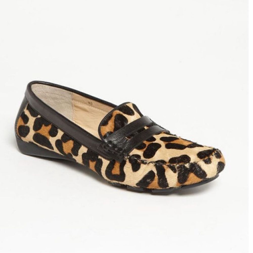 Vaneli Leopard Print Calf Hair and Leather Slip On Moccasins